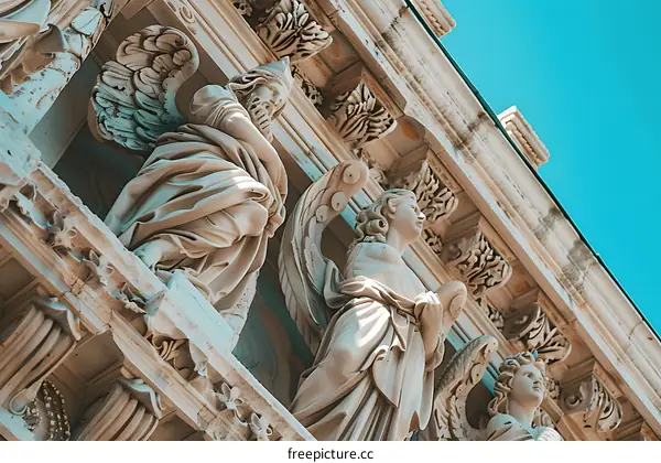 Architectural Detail of Angels Statues on a Building
