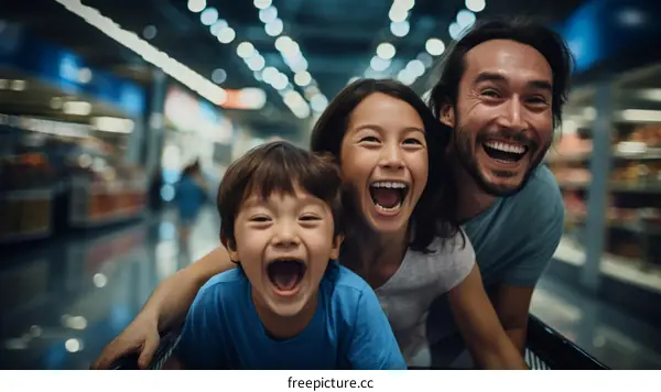 Happy family of three having fun grocery shopping together