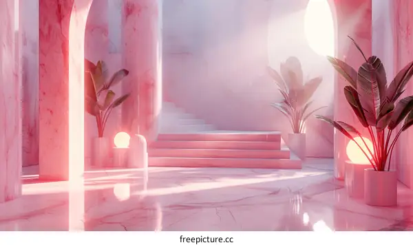 Pink Marble Interior Design with Tropical Plants