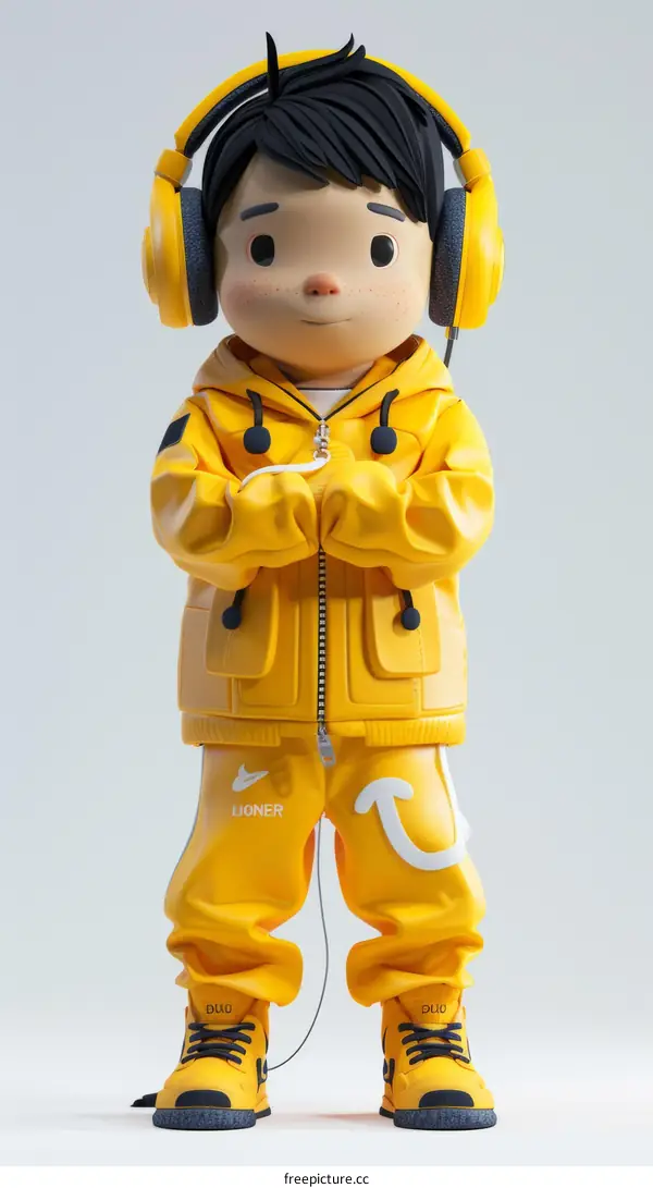 3D yellow cartoon character wearing headphones