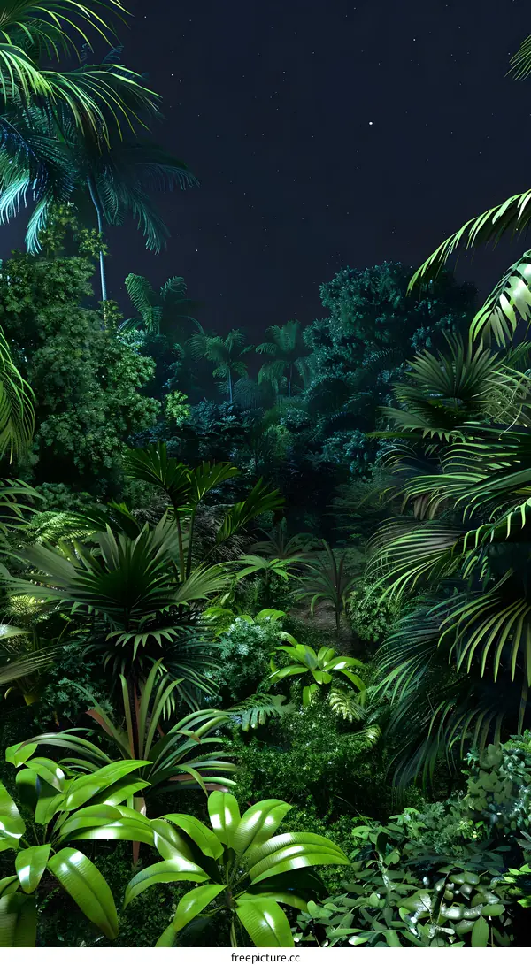 Nighttime Jungle Scene with Palm Trees and Stars
