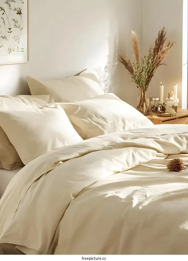 Cream Colored Bedding and Pillows with Natural Light