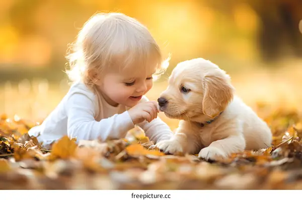 Little Girl Playing with Puppy in Autumn Leaves