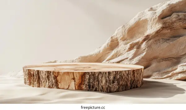 Wooden Slice Display Stand in Beige Desert Landscape