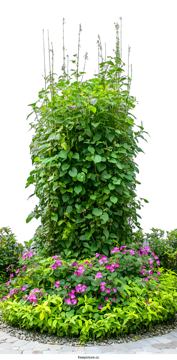 [Transparent Background PNG]Green Leaves and Pink Flowers Against White Wall