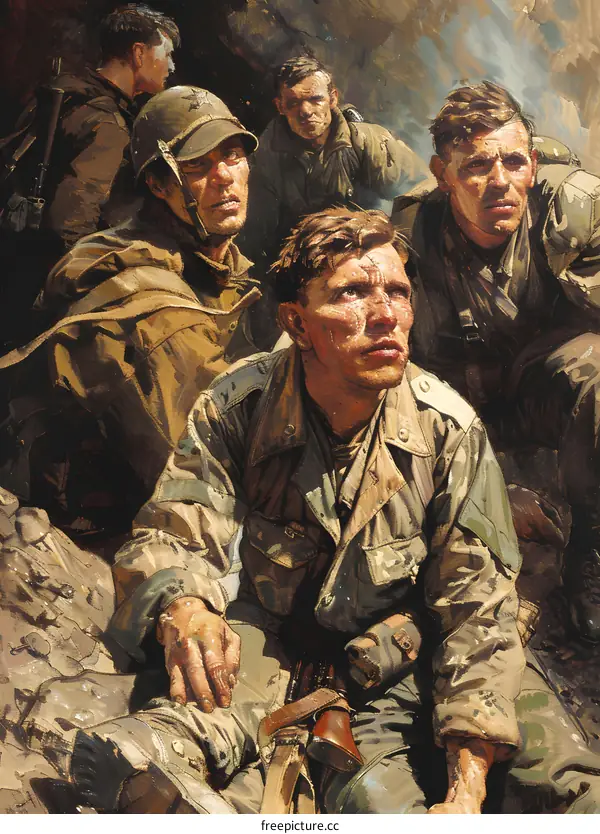 A group of soldiers during world war 2 take cover behind a rock outcropping