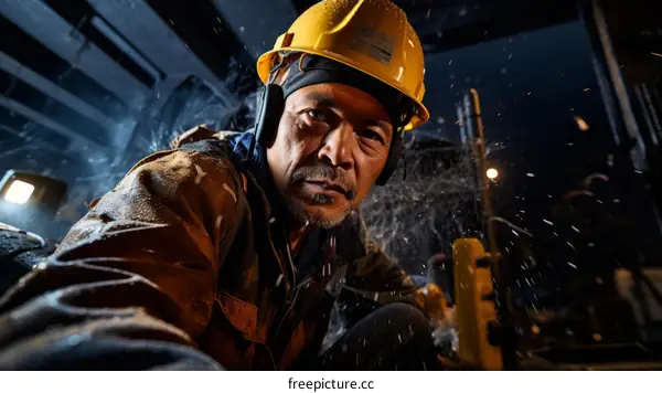 Portrait of a construction worker wearing a hard hat and safety goggles, looking at the camera with a serious expression