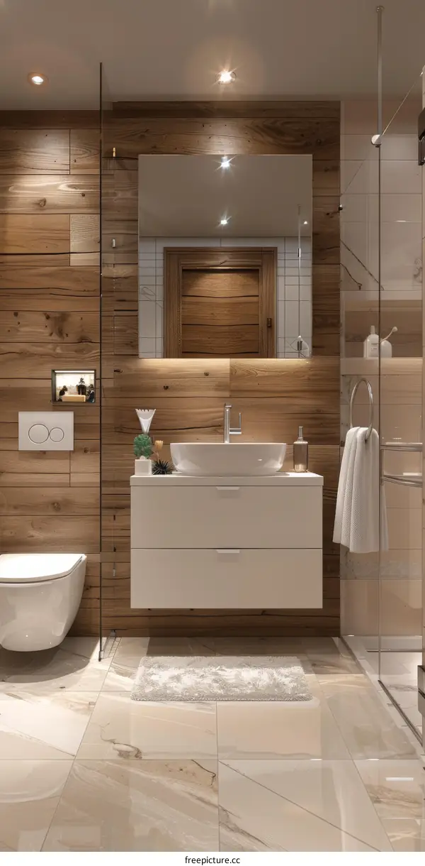 Modern Wooden Bathroom Design with White Vanity