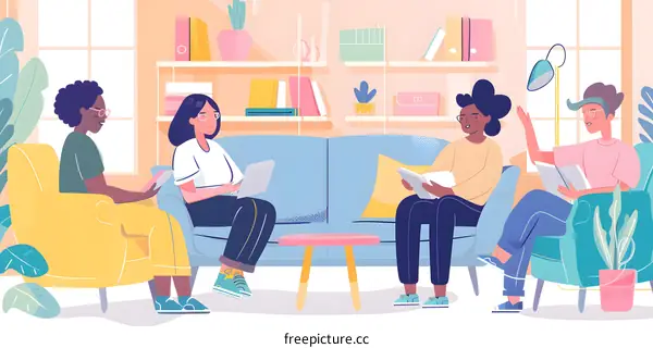 Four friends sitting on a couch and chairs in a room