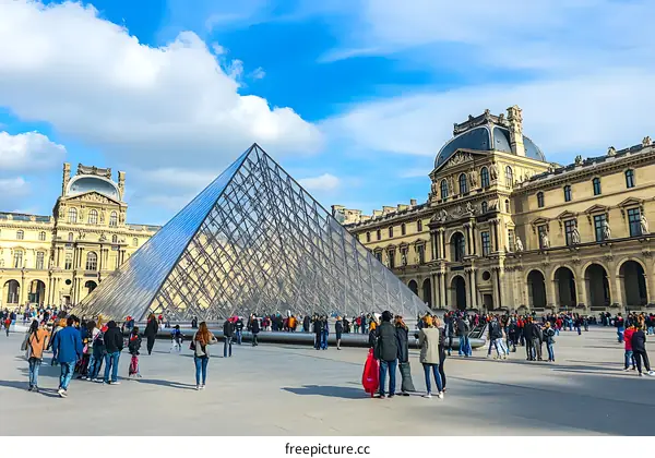 The Louvre Museum In Paris France With The Famous Pyramid