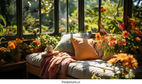 A cozy sunroom with a comfortable couch, pillows, blankets, and flowers