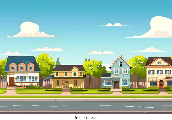 Cartoon Illustration of a Row of Houses on a Sunny Day
