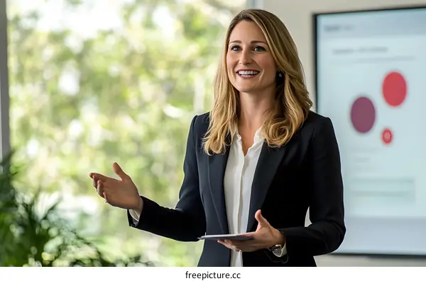 Smiling Businesswoman Giving Presentation at Meeting