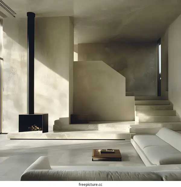 Minimalist Interior Design with Stone Walls and a Fireplace