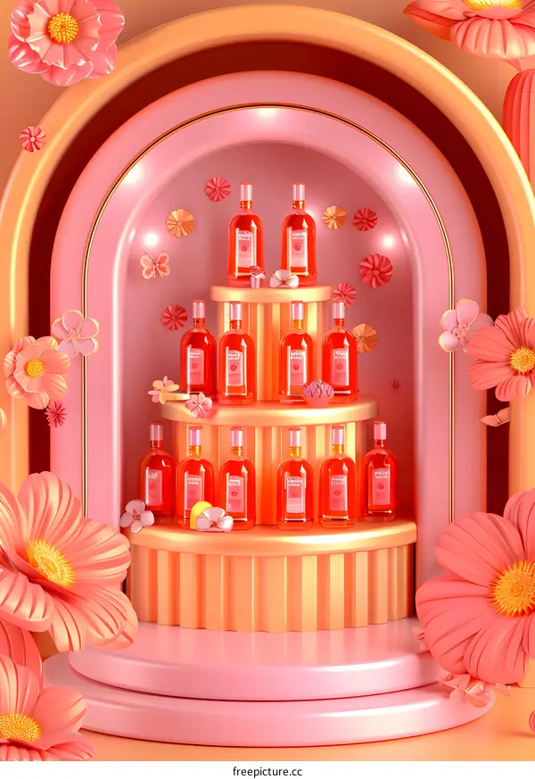 Pink Flowers and Bottles Display on 3 Tiered Stand