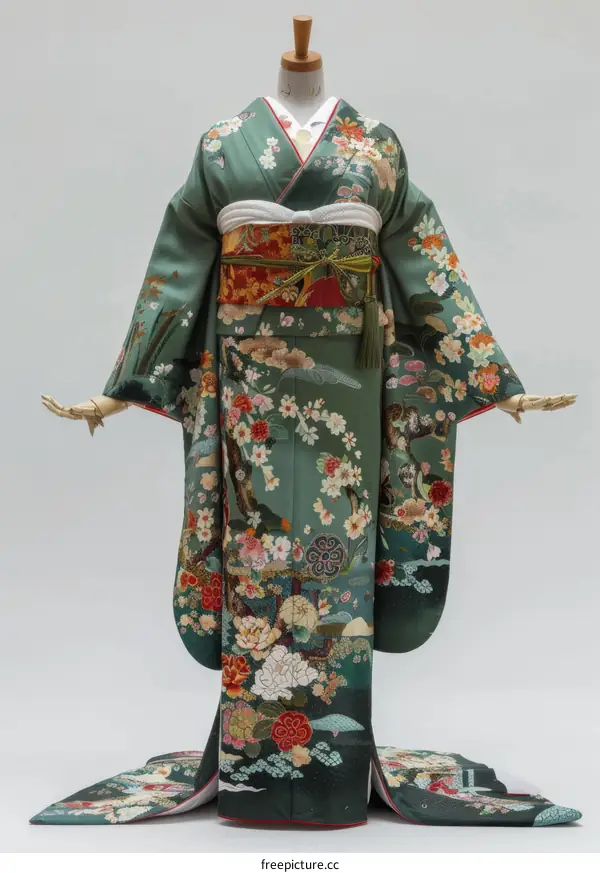 A woman wearing a green kimono with floral patterns