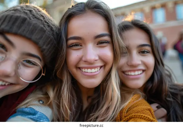 Three young women smiling and posing for a photo