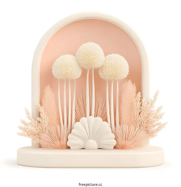 3D Rendered Minimalist Abstract Art With Seashells and Flowers