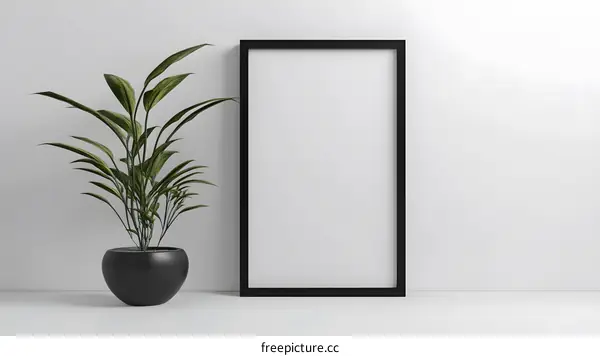 Blank Black Picture Frame with Green Plant on White Wall