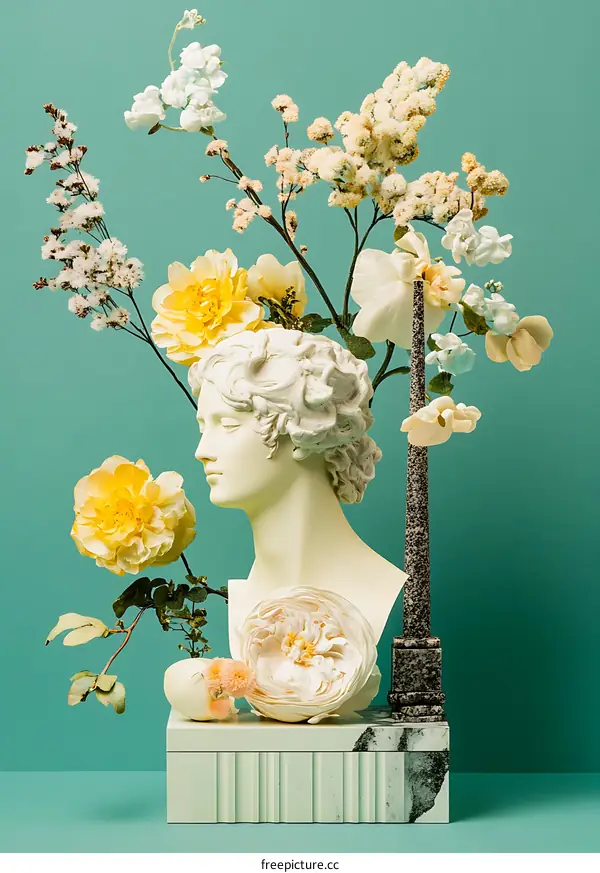 White Marble Bust With Flowers On Green Background