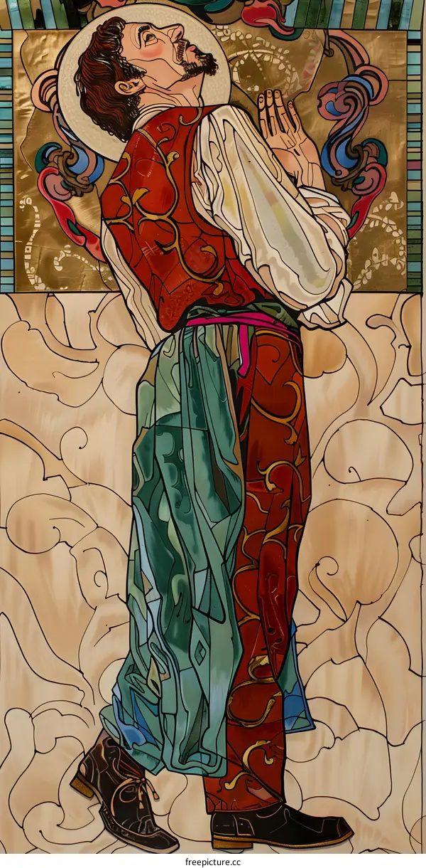 Man In Red and Gold Stained Glass Art