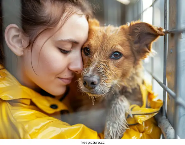 A woman hugging a wet dog in a cage