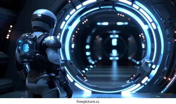 Futuristic Robot Standing Before Circular Portal