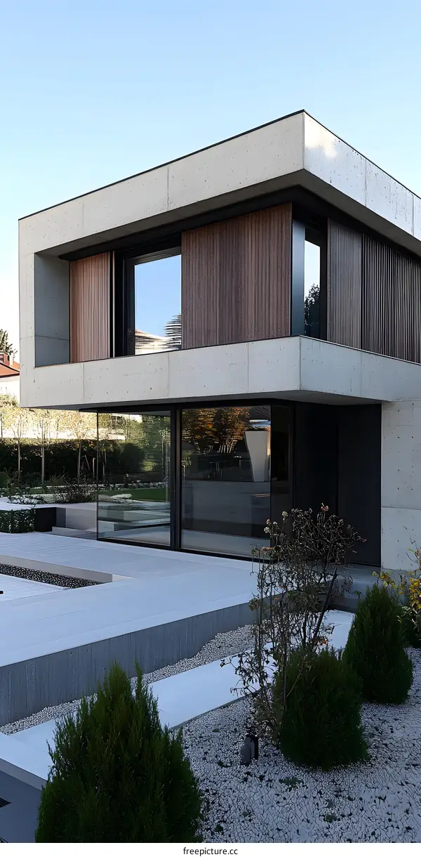 Modern Concrete House with Large Windows and Wooden Panels