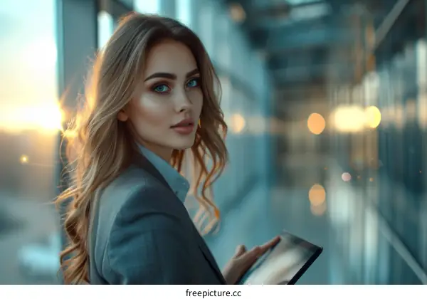 A young businesswoman with blonde hair and blue eyes wears a business suit in a large modern office building