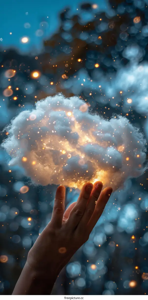 A hand holding a glowing cloud
