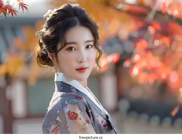 Portrait of a young Korean woman in traditional Korean dress, or Hanbok