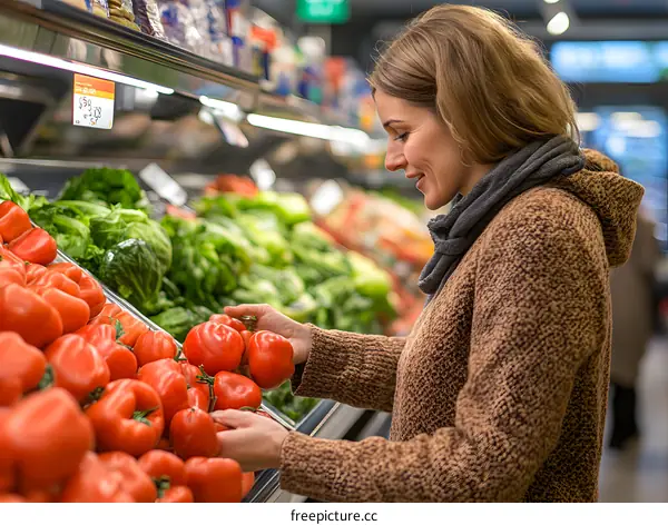 Woman Choosing Tomatoes in a Grocery Store