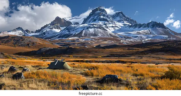 Autumn Camping in the Mountains with Snow