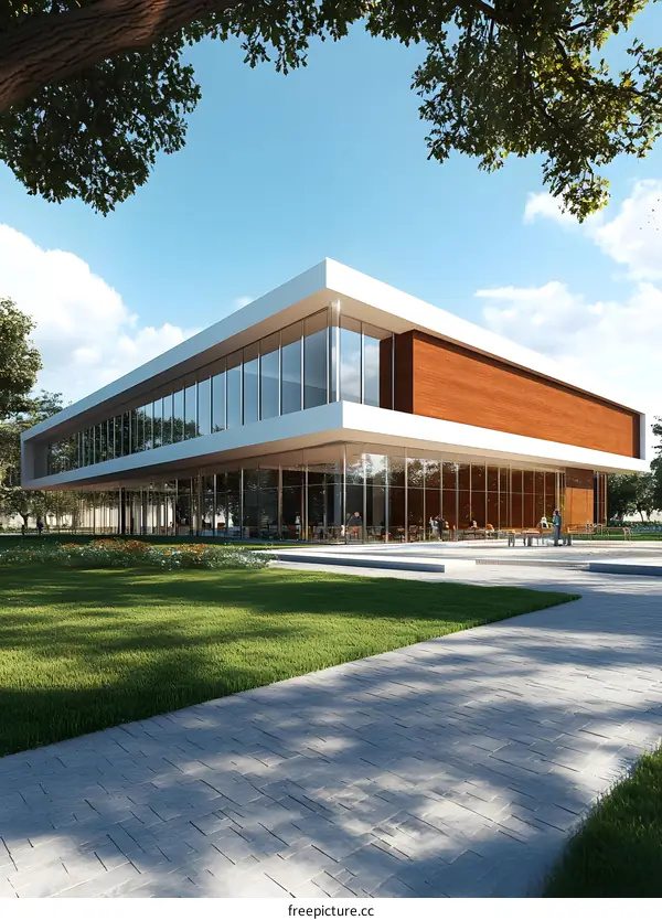 Modern Glass Building with Lawn and Walkway