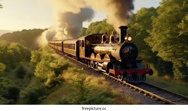 A steam train travels through a lush green forest