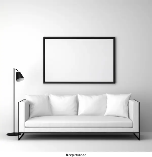 Black and White Room With White Sofa and Black Frame
