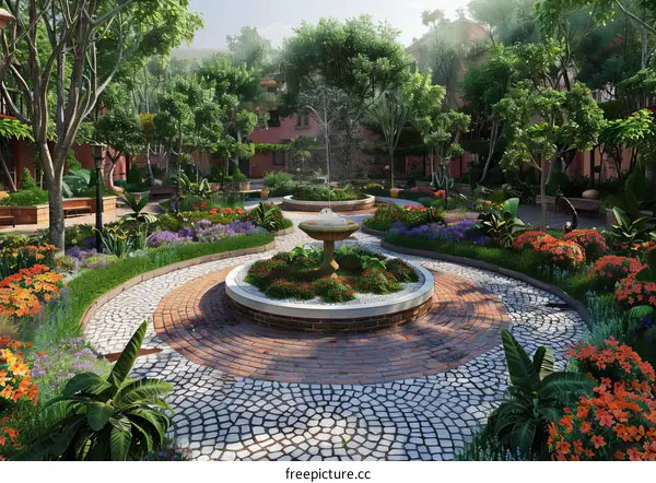 Elegant Courtyard Garden Design with Fountain