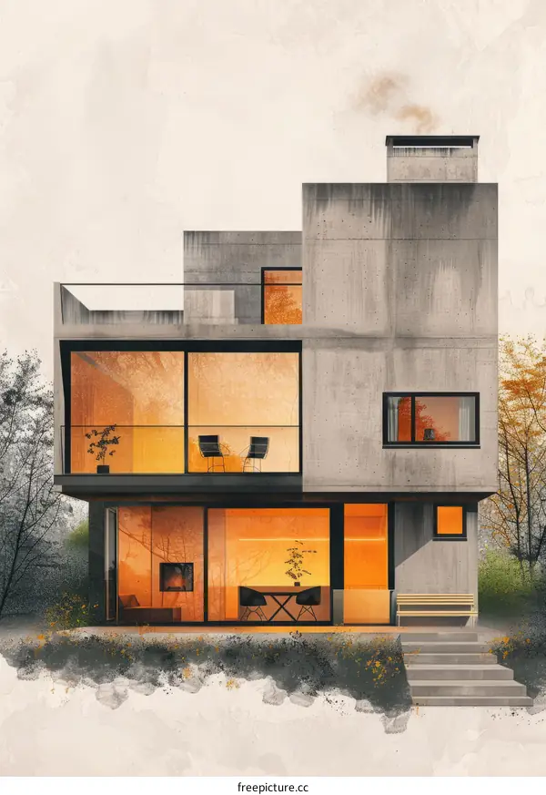 A Modern Concrete House with Large Glass Windows