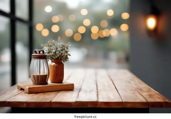 Wooden Table Setting with Decor in Cafe