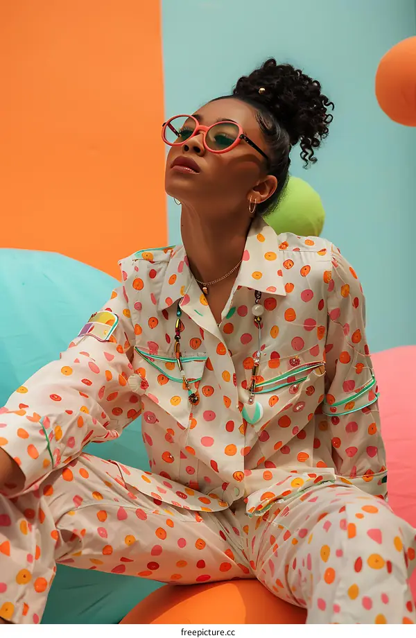 Woman in Polka Dot Pajamas Posing With Colorful Pillows