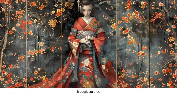 A woman wearing a red kimono standing in a forest of cherry blossoms