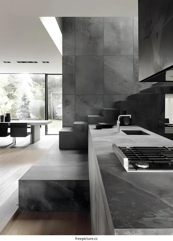 Modern Kitchen with Grey Stone Countertops and Stainless Steel Appliances