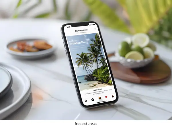 Mobile Phone with Tropical Beach Scene on Screen