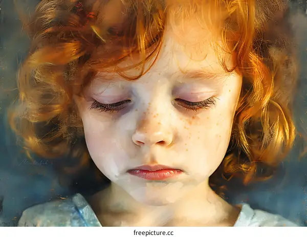 Portrait of a Young Girl with Closed Eyes and Red Hair