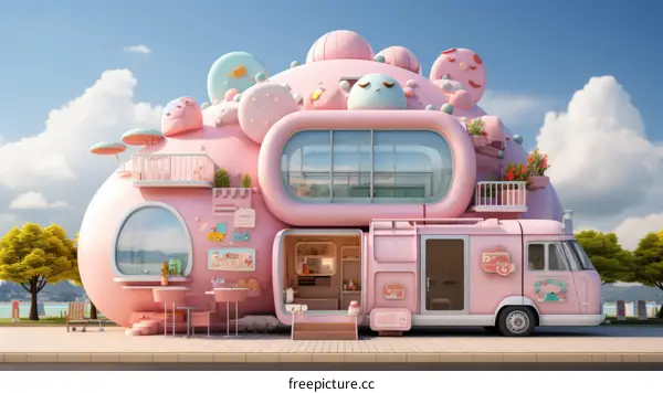 A pink cartoon house on the beach