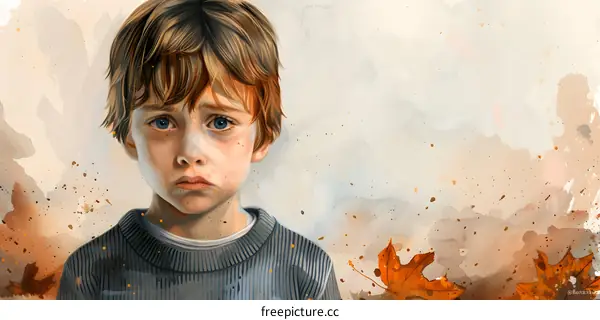 sad lonely boy with big blue eyes looking at camera