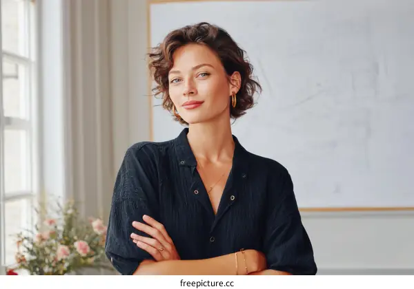 Confident Caucasian Woman Posing in a Stylish Office Setting