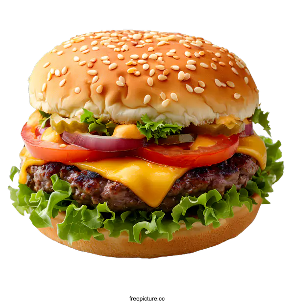 [Transparent Background PNG]cheeseburger with lettuce tomato onion and pickles
