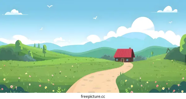 Cartoon Illustration of a House in a Green Meadow