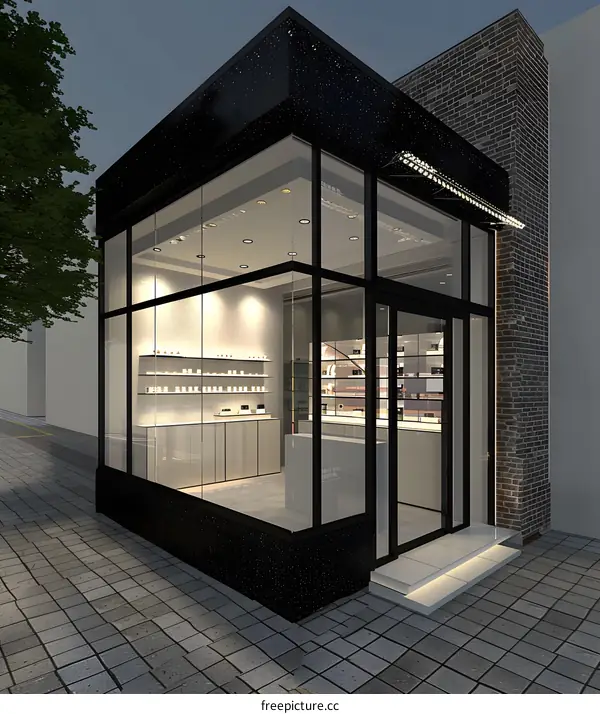 Modern Store Front Design with Brick Wall and Glass Windows